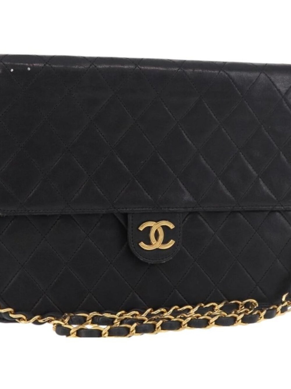 CHANEL Chain Shoulder Bag Lamb Skin Black Gold CC Auth 143810